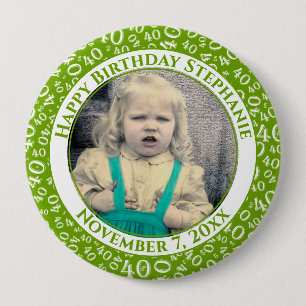 Your Photo 40th Birthday Number Pattern   Green 4 Inch Round Button