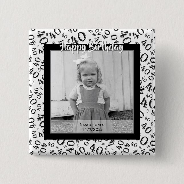 Your Photo:  40th Number Pattern Black and White 2 Inch Square Button (Front)