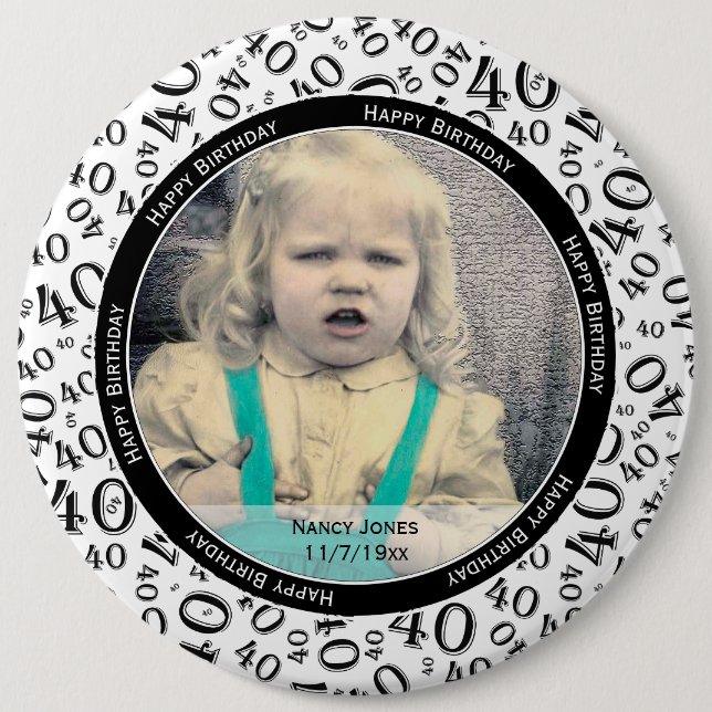 Your Photo:  40th Number Pattern Black and White 6 Inch Round Button (Front)