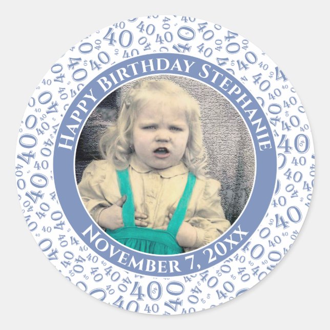 Your Photo 40th Random Number Pattern Blue Classic Round Sticker (Front)