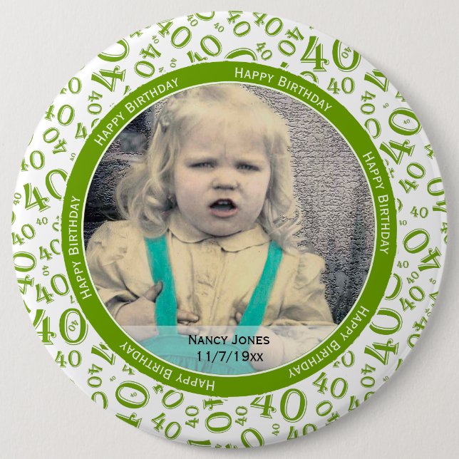 Your Photo: 40th Random Number Pattern Green/White 6 Inch Round Button (Front)