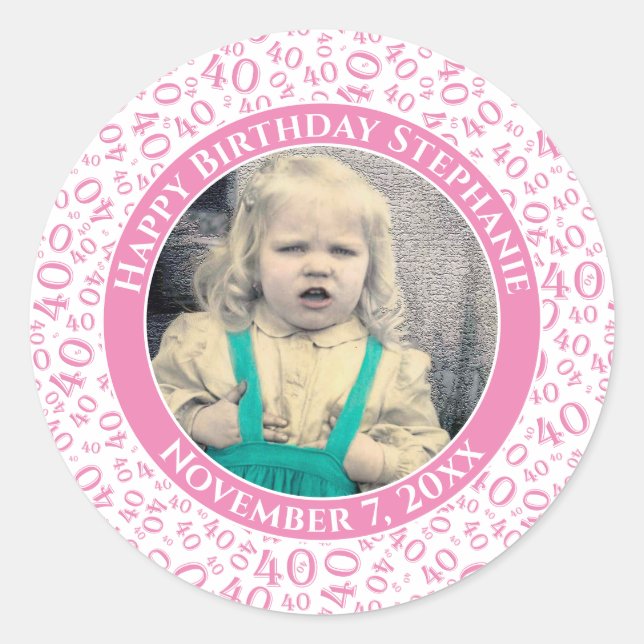 Your Photo 40th Random Number Pattern Pink Classic Round Sticker (Front)