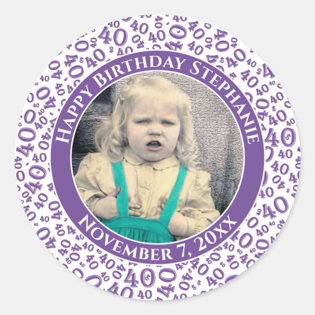 Your Photo 40th Random Number Pattern Purple Classic Round Sticker (Front)