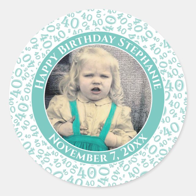 Your Photo 40th Random Number Teal Purple Classic Round Sticker (Front)
