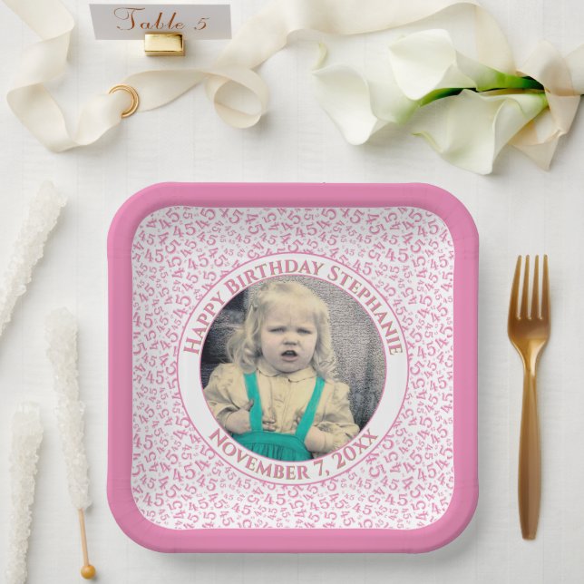 Your Photo 45 Random Number Pattern Pink/White  Paper Plate (Wedding)