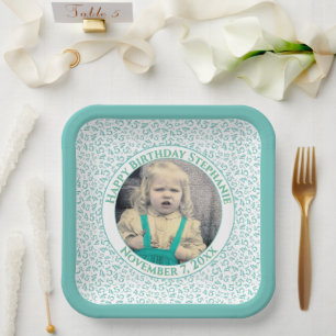 Your Photo 45 Random Number Pattern Teal/White Paper Plate