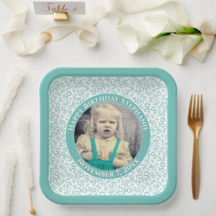 Your Photo 50 Random Number Pattern Teal/White Paper Plate