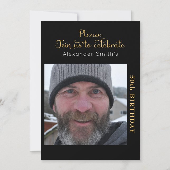 Your Photo 50th Birthday Black Gold Invitation (Front)