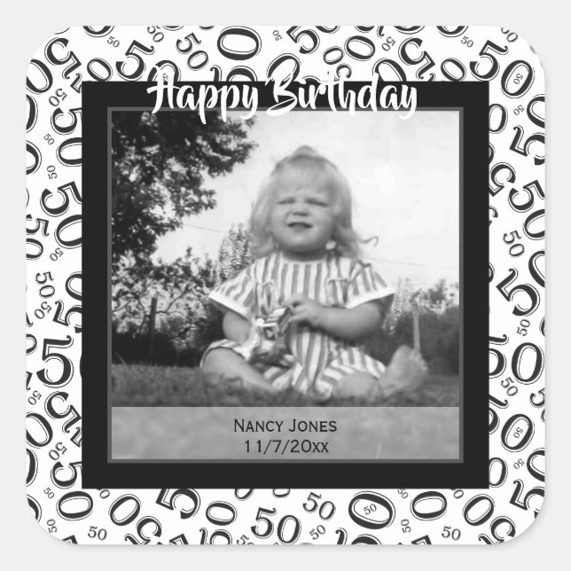 Your Photo:  50th Number Pattern Black and White Square Sticker (Front)