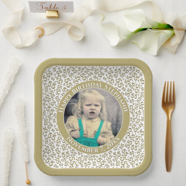 Your Photo 55 Random Number Pattern Gold/White  Paper Plate (Wedding)