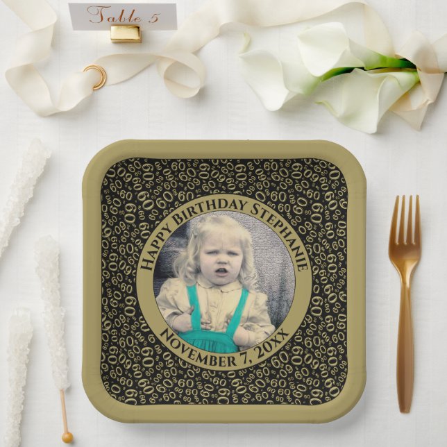 Your Photo 60 Random Number Pattern Black/Gold  Paper Plate (Wedding)
