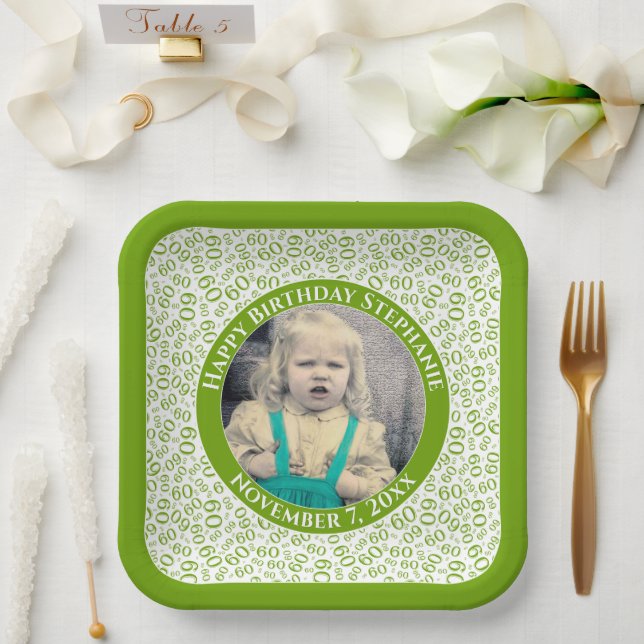 Your Photo 60 Random Number Pattern Green/White Paper Plate (Wedding)