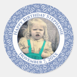 Your Photo 60th Birthday Number   Blue/White 60 Classic Round Sticker