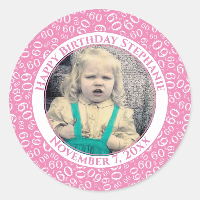 Your Photo 60th Birthday Number | Pink/White 60 Classic Round Sticker (Front)