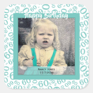 Your Photo:  60th Number Pattern Teal and White Square Sticker