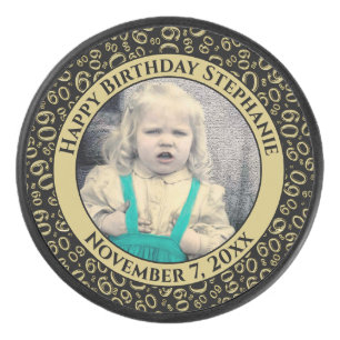 Your Photo 60th Random Number Pattern Black/Gold Hockey Puck