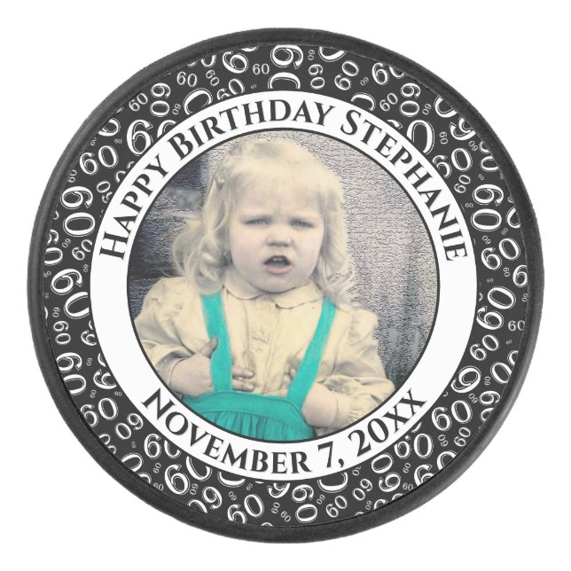 Your Photo 60th Random Number Pattern Black/White Hockey Puck (Front)