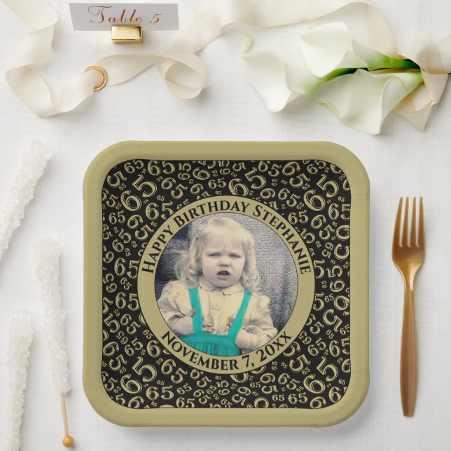 Your Photo 65 Random Number Pattern Black/Gold  Paper Plate (Wedding)