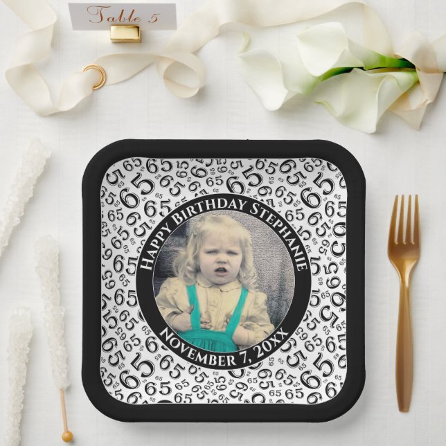 Your Photo 65 Random Number Pattern Black/White  Paper Plate (Wedding)