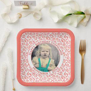 Your Photo 65 Random Number Pattern Coral/White  Paper Plate
