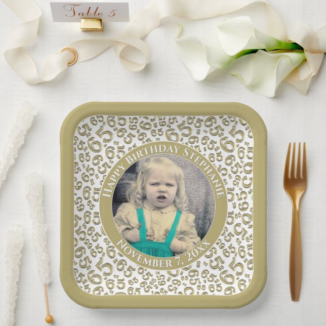 Your Photo 65 Random Number Pattern Gold/White  Paper Plate (Wedding)