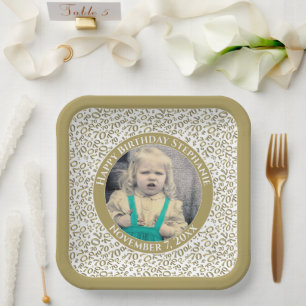 Your Photo 70 Random Number Pattern Gold/White  Paper Plate