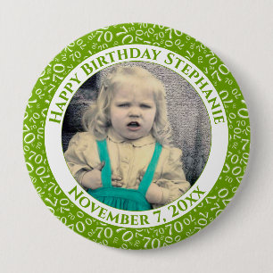 Your Photo 70th Birthday Number Pattern Green 4 Inch Round Button
