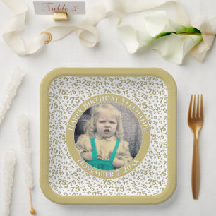 Your Photo 75 Random Number Pattern Gold/White  Paper Plate