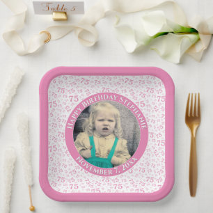 Your Photo 75 Random Number Pattern Pink/White  Paper Plate