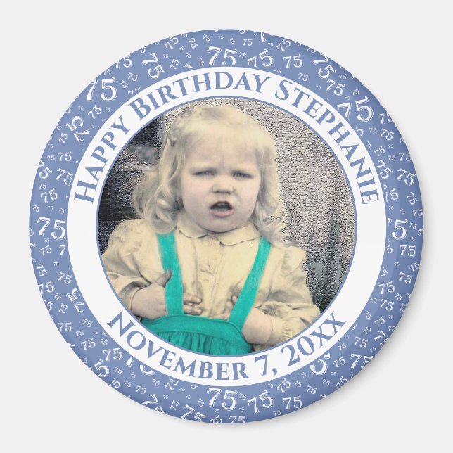 Your Photo 75th Birthday Number Pattern | Blue Magnet (Front)