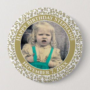 Your Photo 80th Birthday Number Pattern Gold/White 4 Inch Round Button