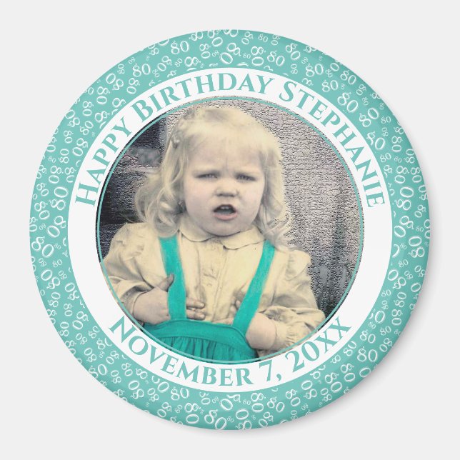 Your Photo 80th Birthday Number Pattern | Teal Magnet (Front)