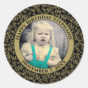 Your Photo 80th Random Number Pattern  Black/Gold Classic Round Sticker