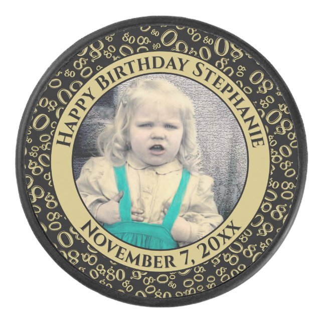 Your Photo 80th Random Number Pattern Black/Gold Hockey Puck (Front)