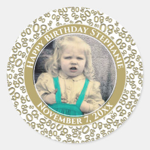 Your Photo 80th Random Number Pattern  Gold/White Classic Round Sticker