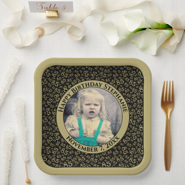Your Photo 85 Random Number Pattern Black/Gold  Paper Plate (Wedding)