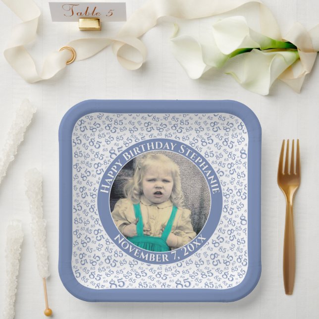 Your Photo 85 Random Number Pattern Blue/White  Paper Plate (Wedding)