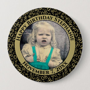 Your Photo 90th Birthday Number Pattern Black/Gold 4 Inch Round Button
