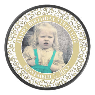 Your Photo 90th Random Number Pattern Gold/White Hockey Puck