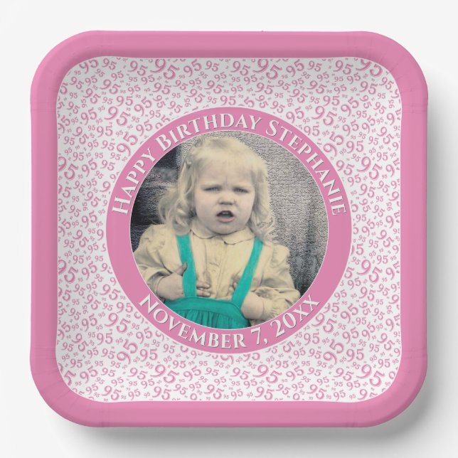Your Photo 95 Random Number Pattern Pink/White Paper Plate (Front)