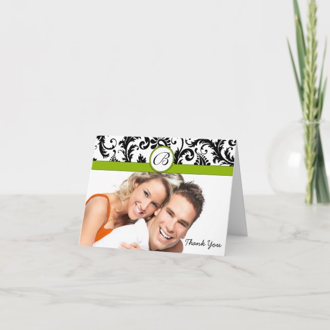 Your Photo Apple Green & Black Damask Thank You Card (Front)