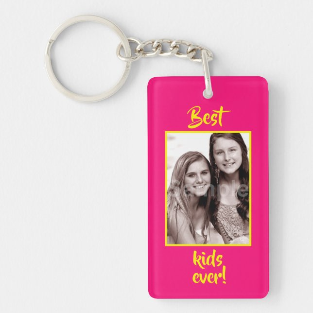 Your Photo Best Kids Ever Pink and Yellow Keychain (Front)