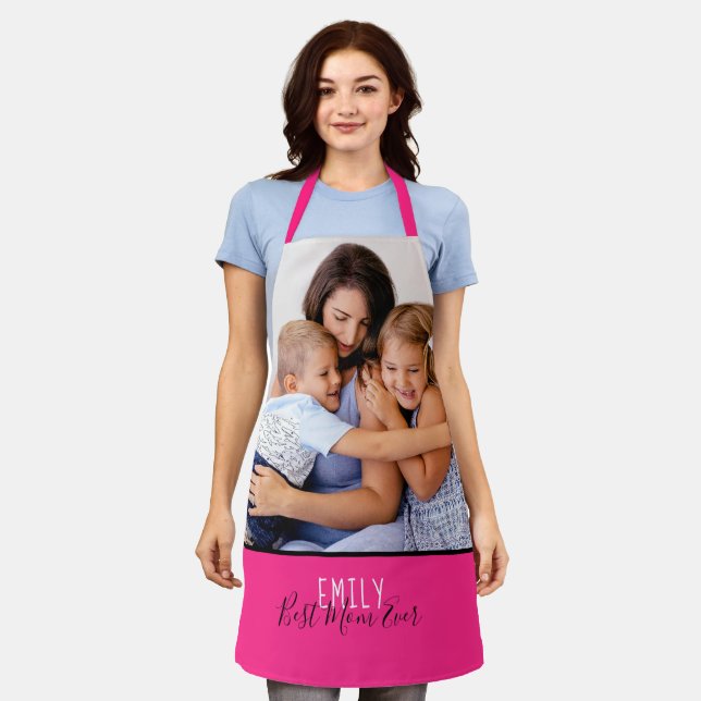 Your Photo Best Mom Ever Name Pink Apron (Worn)