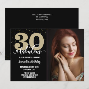 Your Photo Black Gold 30 Fabulous Birthday Party Invitation