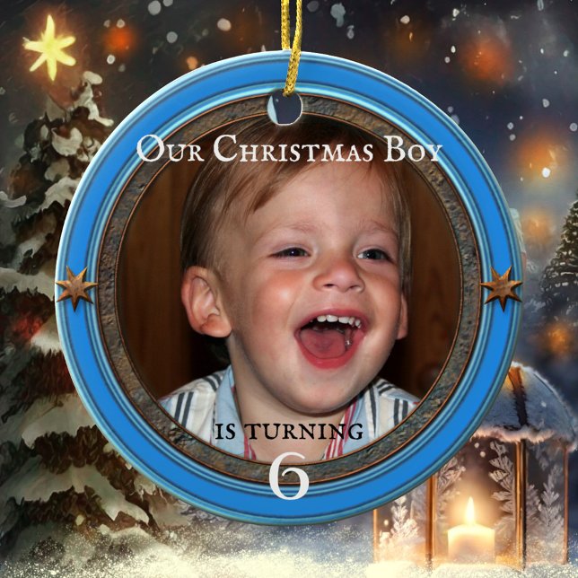 Your Photo Blue Kids Birthday Christmas Ceramic Ornament (Christmas birthday child photo metallic blue holiday ornament)