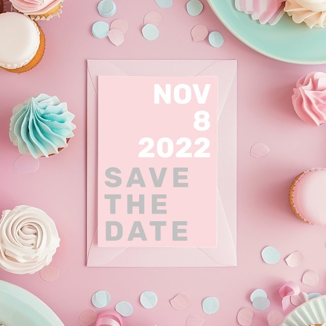Your photo bold modern save the date card (Big and bold typography, pink grey and white Save the date)