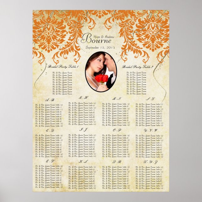 Your Photo Coral Damask Gold Seating Chart (Front)