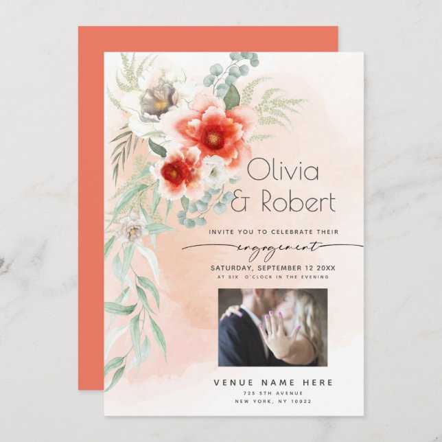 Your Photo Coral Watercolor Engagement Invitation (Front/Back)