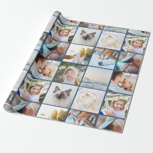 Your Photo Custom Grid Collage Navy Blue Wrapping Paper