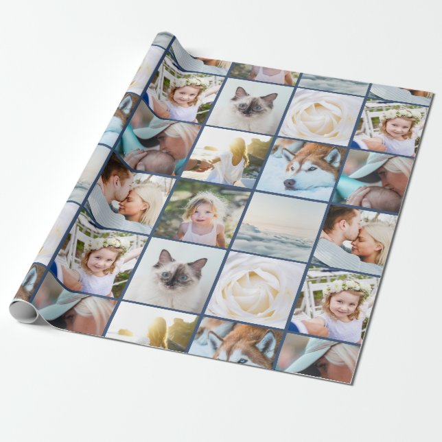 Your Photo Custom Grid Collage Navy Blue Wrapping Paper (Unrolled)